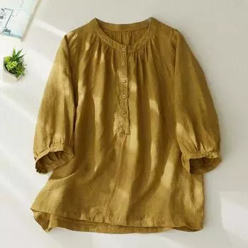 Летняя женская хлопковая льняная блузка, свободный топ, однотонная рубашка с коротким рукавом и половиной открытой шеи, круглый вырез M