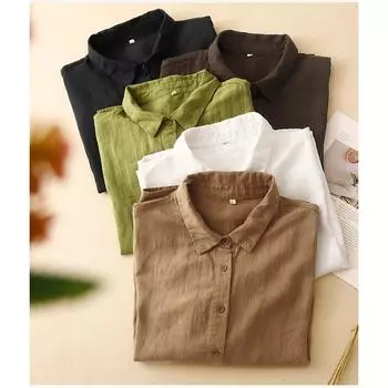 Летняя женская хлопковая льняная ретро повседневная свободная рубашка со средними рукавами женская верхняя часть M хаки