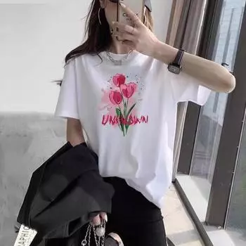 Летняя женская хлопковая рубашка с круглым вырезом и короткими рукавами.;футболка с трендовым принтом, новая футболка S белый
