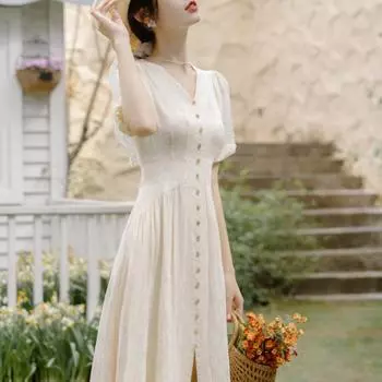 Летняя женская хлопковая женственная рубашка с разрезом, длинное платье с v-образным вырезом, французское платье с высокой талией и пуговицами, элегантное платье с пышными рукавами S