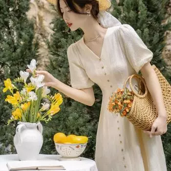 Летняя женская хлопковая женственная рубашка с разрезом, длинное платье с v-образным вырезом, французское платье с высокой талией и пуговицами, элегантное платье с пышными рукавами S