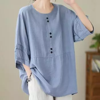 Летняя женская хлопково-льняная блузка, однотонные розовые, синие топы, свободные блузки с рюшами и пуговицами большого размера, повседневные блузки с короткими рукавами M чёрный