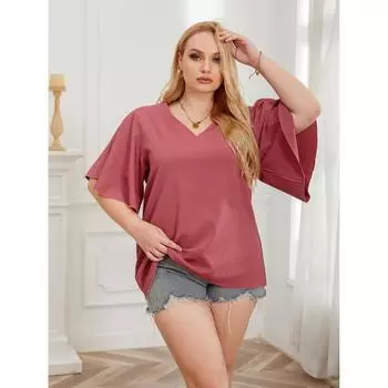 Летняя женская камзол большого размера, свободный топ, модная однотонная футболка с v-образным вырезом и пуговицами, жаккардовая внутренняя рубашка с короткими рукавами, футболка XL-4XL 4XL розовый