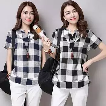 Летняя женская клетчатая свободная повседневная рубашка-блузка средней длины большого размера с короткими рукавами для женщин XXXXL темно-синий