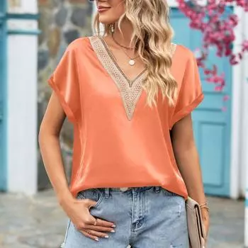 Летняя женская кружевная атласная рубашка с коротким рукавом и V-образным вырезом, топ с рукавами «летучая мышь» S чёрный