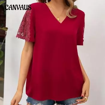 Летняя женская кружевная блузка с коротким рукавом и v-образным вырезом, повседневная свободная рубашка с вырезами, топ S чёрный