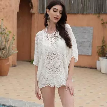 Летняя женская кружевная блузка в стиле бохо с вырезом, тонкий трикотажный пуловер, сетчатая футболка, солнцезащитная одежда one size белый