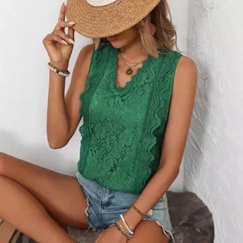 Летняя женская кружевная майка без рукавов с V-образным вырезом S зелёный