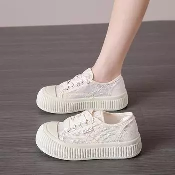 Летняя женская кружевная повседневная обувь, дышащие сетчатые кроссовки, лоферы на плоской подошве и платформе с цветочным принтом, удобные черные прогулочные туфли 35