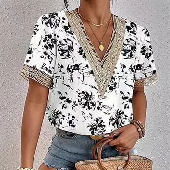 Летняя женская кружевная рубашка свободного кроя с V-образным вырезом и коротким рукавом, блузки и рубашки S белый