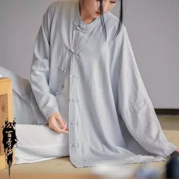 Летняя женская льняная рубашка из хлопка и льна с песком, мягкая и элегантная, дзен-домашняя одежда для чая, женская рубашка-кардиган с защитой от солнца One Size чёрный