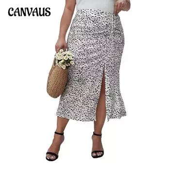 Летняя женская леопардовая юбка до половины тела больших размеров с принтом и высокой талией, эластичная юбка трапециевидной формы с завязками и разрезом XL белый
