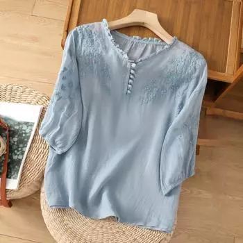 Летняя женская литературная свободная хлопково-льняная блузка с вышитыми цветочными пуговицами, рубашка с v-образным вырезом и половиной рукава M белый