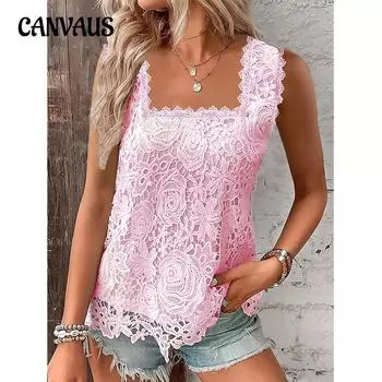 Летняя женская майка без рукавов с квадратным вырезом и кружевным жилетом