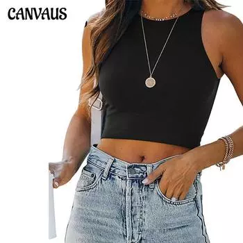 Летняя женская майка-майка, однотонная футболка без рукавов с круглым вырезом, открытая пупку, двутавровая майка S чёрный