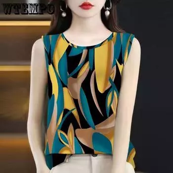 Летняя женская майка с круглым вырезом New Mom Elastic Ice Silk Loose Plus Sleeveless Print M