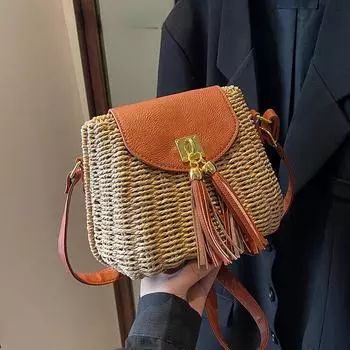 Летняя женская маленькая соломенная сумка-тоут, новинка 2024 года, пляжные сумки, женские сумки и кошельки ручной работы с кисточками хаки