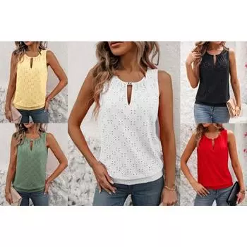 Летняя женская мода, элегантная индивидуальная пряжка, полая вышивка, U-образный вырез, однотонная майка без рукавов