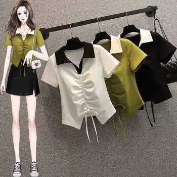 Летняя женская мода большого размера ПОЛО с вырезом Тонкая футболка с нерегулярным шнурком контрастного цвета Верхняя мода Женская мода XXXXL белый