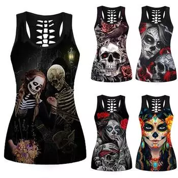 Летняя женская мода Череп в готическом стиле с принтом без рукавов Повседневный жилет Топ сзади Полый сексуальный женский хлопковый топ на бретелях L чёрный