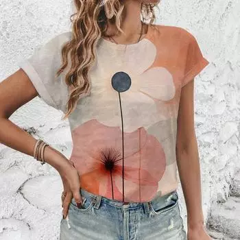 Летняя женская мода цветочная футболка повседневная стильная футболка с круглым вырезом футболки женская винтажная одежда с коротким рукавом женская повседневная уличная одежда S