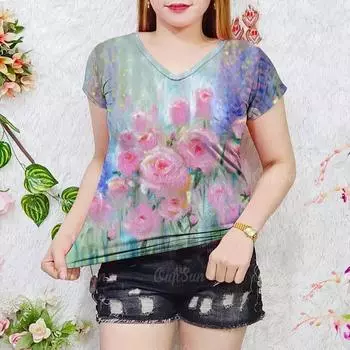 Летняя женская мода цветочная футболка с цветочным принтом и V-образным вырезом, футболки, женская повседневная одежда с коротким рукавом, стильная уличная одежда для женщин S