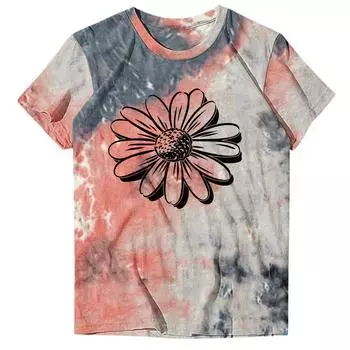Летняя женская мода футболка с принтом тай-дай с круглым вырезом топы футболки женская мода с коротким рукавом женская одежда с принтом ромашки S
