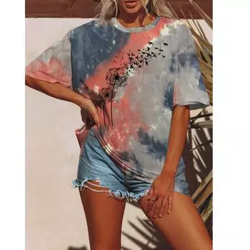 Летняя женская мода футболка с принтом тай-дай, топы, футболки, женская одежда с коротким рукавом и принтом перьев, повседневная стильная женская одежда S