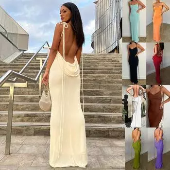 Летняя женская мода Холтер Сексуальная спинка Тонкий пакет Бедро Темпераментные платья XL белый