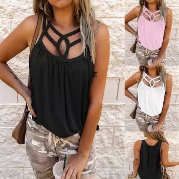 Летняя женская мода Нерегулярная полая майка Свободная шифоновая майка S белый