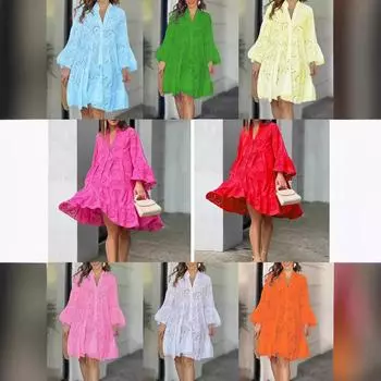 Летняя женская мода, однотонное ажурное летнее платье, элегантное вечернее платье с глубоким v-образным вырезом и длинными рукавами, повседневные мини-платья на пуговицах, большие размеры S белый