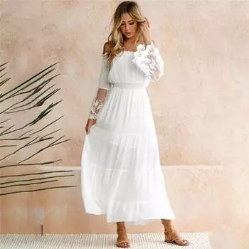 Летняя женская мода Off Should Dress Lace Splice Temperament Long Dress L белый