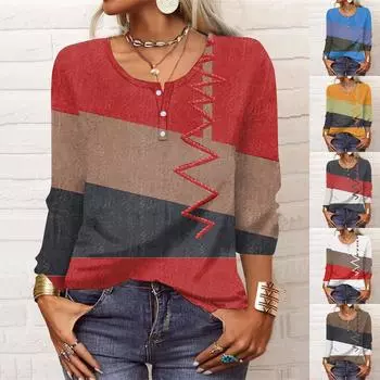 Летняя женская мода повседневная блузка с длинным рукавом и цветочным принтом на пуговицах с U-образным вырезом XXXL синий