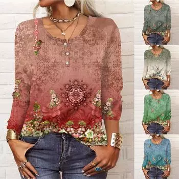 Летняя женская мода, повседневная блузка с длинным рукавом и цветочными пуговицами, пуловер с U-образным вырезом и принтом L красный