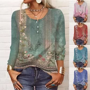 Летняя женская мода повседневная блузка с длинным рукавом и цветочным принтом на пуговицах с U-образным вырезом M