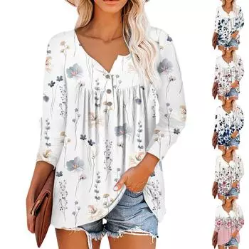 Летняя женская мода, повседневная блузка с круглым вырезом и рукавами 3/4, пуловер с принтом XXXL синий