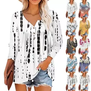 Летняя женская мода, повседневная блузка с круглым вырезом и рукавами 3/4, пуловер с принтом L синий