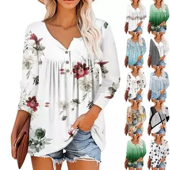 Летняя женская мода, повседневная блузка с круглым вырезом и рукавами 3/4, пуловер с принтом XXXL зелёный