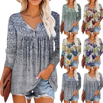 Летняя женская мода, повседневная блузка с круглым вырезом и рукавами 3/4, пуловер с принтом XXXL винный