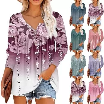 Летняя женская мода, повседневная блузка с круглым вырезом и рукавами 3/4, пуловер с принтом XXXL розовый