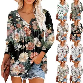 Летняя женская мода, повседневная блузка с круглым вырезом и рукавами 3/4, пуловер с принтом L бежевый