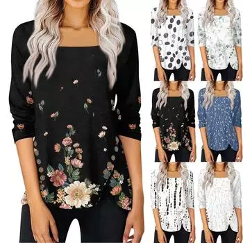 Летняя женская мода, повседневная блузка с рукавами 3/4 и цветочным принтом, квадратный воротник, пуловер, топ, блузка L чёрный