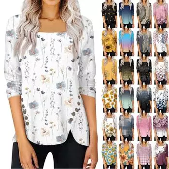 Летняя женская мода, повседневная блузка с рукавами 3/4 и цветочным принтом, квадратный воротник, пуловер, топ, блузка L синий