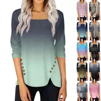 Летняя женская мода, повседневная блузка с рукавами 3/4 и цветочным принтом, квадратный воротник, пуловер, топ, блузка L чёрный