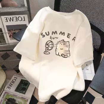Летняя женская мода, повседневная футболка с милым мультяшным котом и круглым вырезом, с коротким рукавом XXXL белый