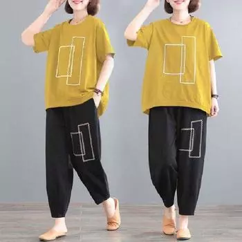 Летняя женская мода повседневная одежда хлопковые топы с коротким рукавом и круглым вырезом повседневные спортивные штаны больших размеров XXXXL чёрный