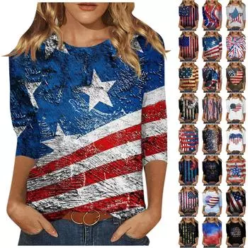 Летняя женская мода, повседневная рубашка с рукавом три четверти, пуловер с круглым вырезом и принтом в честь Дня независимости, топ, блузка XL разноцветный