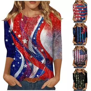 Летняя женская мода, повседневная рубашка с рукавом три четверти, пуловер с круглым вырезом и принтом в честь Дня независимости, топ, блузка S чёрный