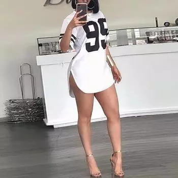 Летняя женская мода с круглым вырезом и цифровой печатью, спортивная длинная футболка с половиной рукава S белый