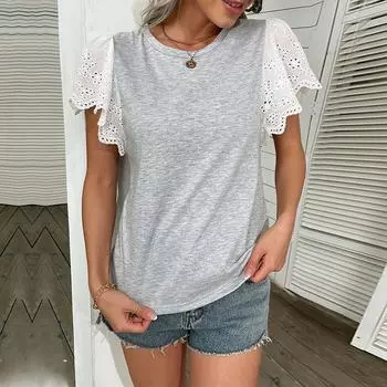 Летняя женская мода с кружевными рукавами в стиле пэчворк, свободный однотонный топ S светло-серый